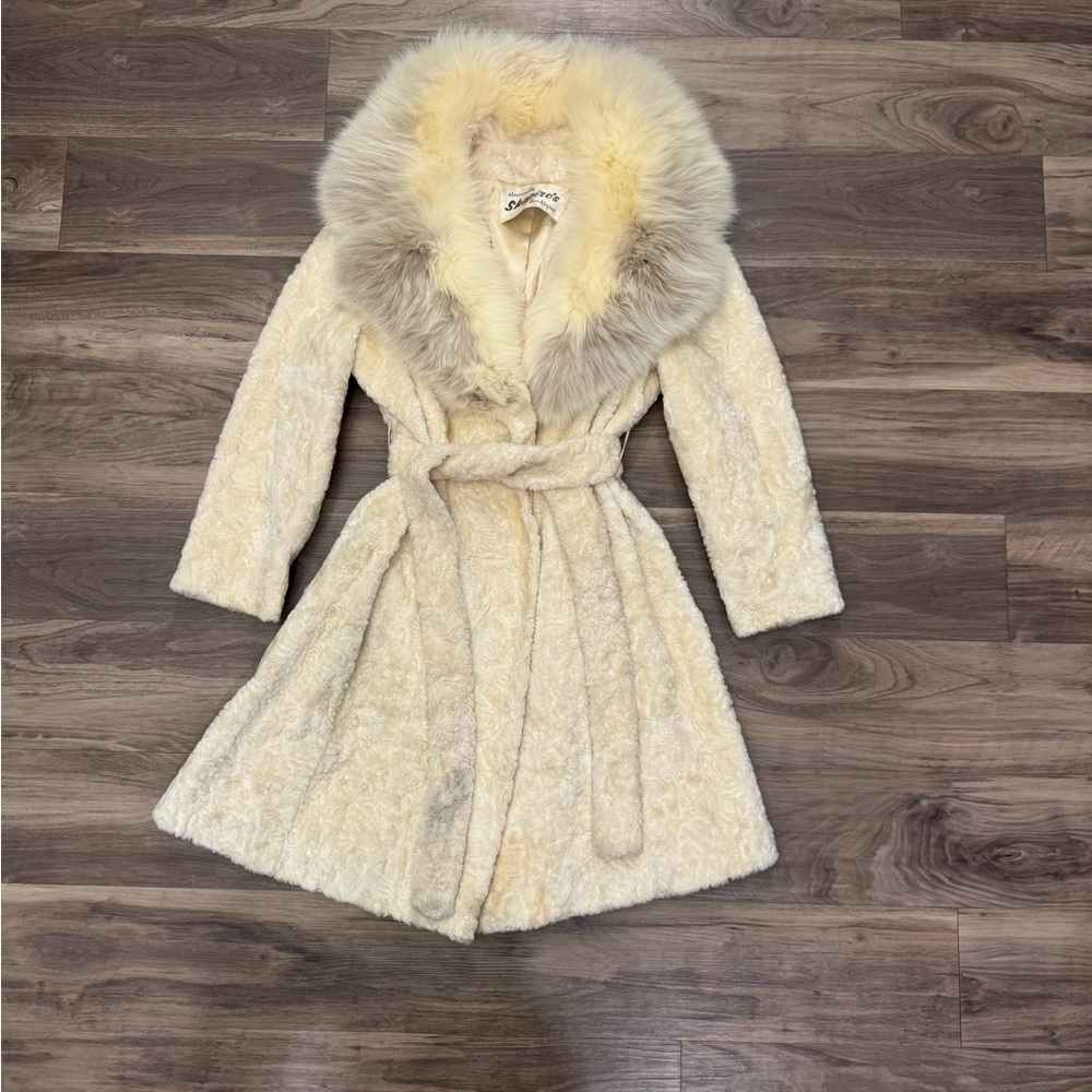 Cream Faux Fur Wrap Trench Coat with Plush Collar